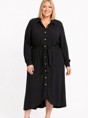 Womens Plus Size 16W Button Front Belted Long Sleeve Midi Shirt Dress. Chic